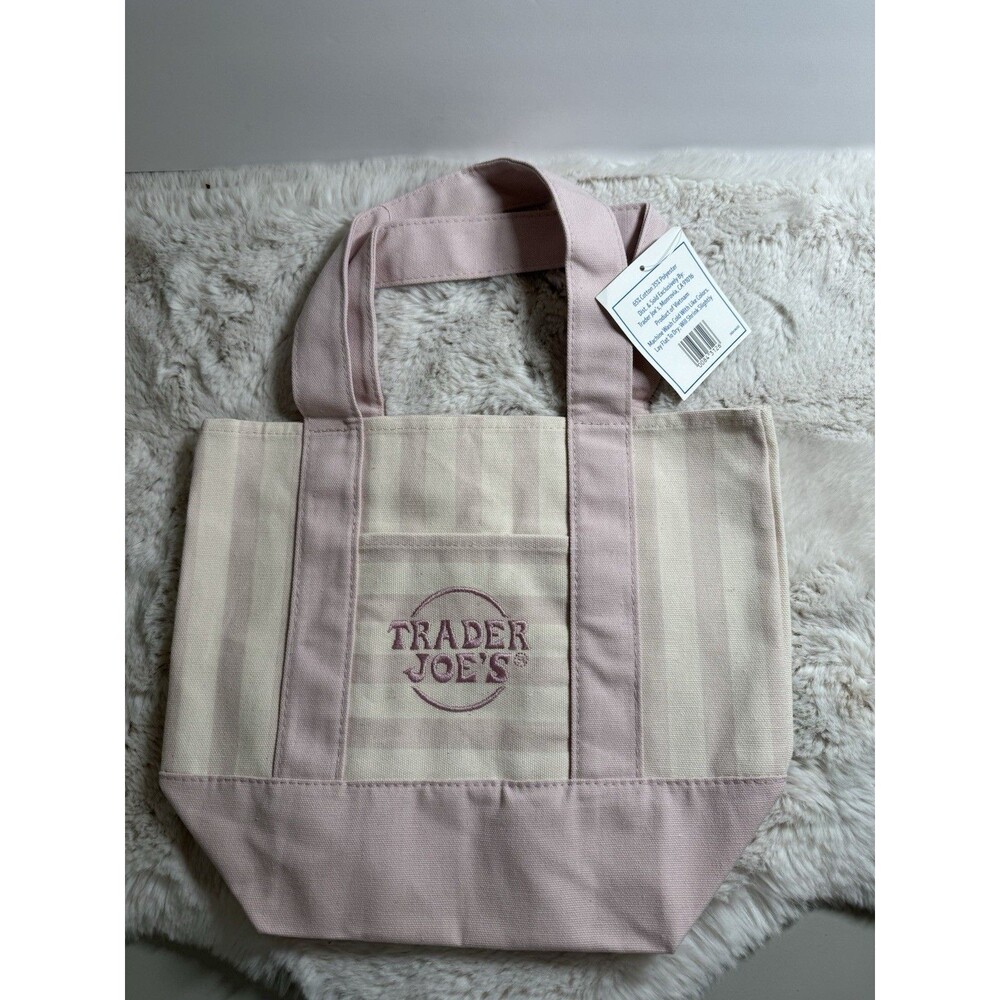 Trader Joes Striped Mini Tote bag Canvas Pink Cream Stripe New With Tag
